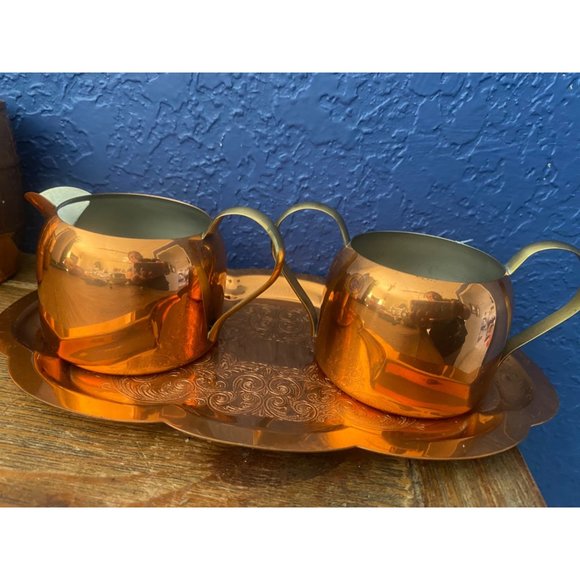 Vintage Copper set of plate and 2 cups and cream and sugar bowl - Picture 6 of 9